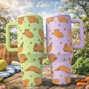 1pc 40oz Stainless Steel Capybara Print Tumbler With Handle And Lid, Cute Animal Insulated Travel Mug, Double Wall Vacuum Cup Keeps Drinks Cold 12H Hot 6H, Large Capacity Coffee Cup For Car Picnic Office Gift For Women Girls Animal Lovers
