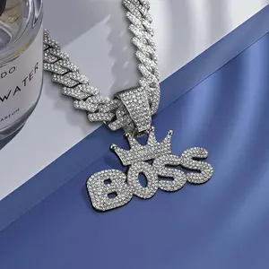 Hip hop Trendy Men's BOSS Pendant Aluminum Alloy Full Diamond Cuban Chain Necklace Wear resistant and Wear resistant Not Easy To Oxidize Suitable for American Street Wear Trendy and Cool Shape Daily Wear