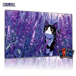 Cute Black White Cat Lavender Flower TCG MTG Playmat Mouse Pad Anime Mousepad 12x24inch Non-Slip, Perfect for Card Game Enthusiasts Family Party Use, Ideal Gift