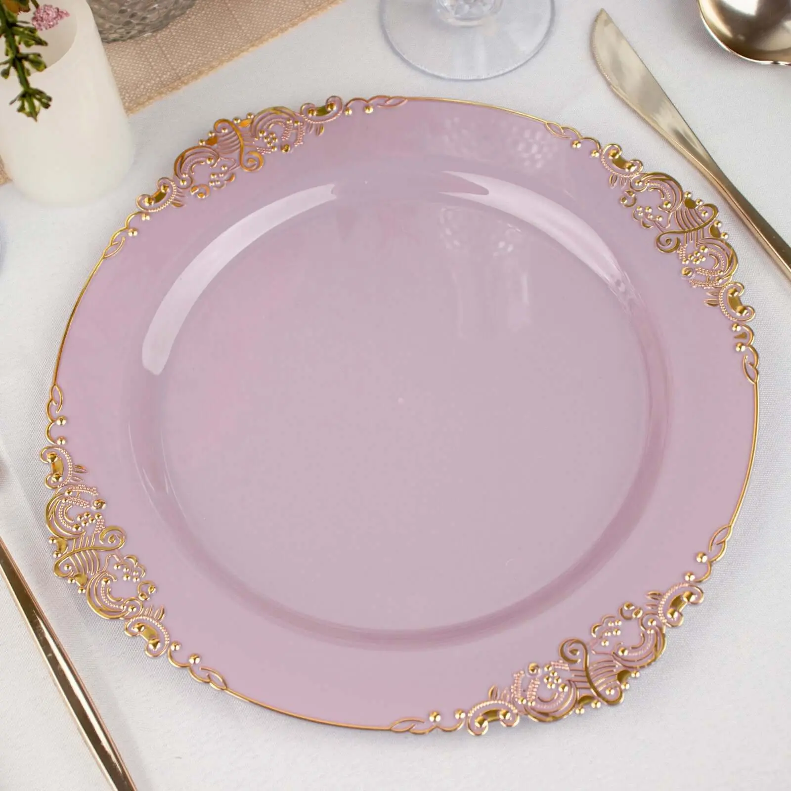 10-Pack 10 in Plastic Round Dinner Plates - Lavender Lilac with Gold Leaf Embossed Spill-Proof Rim, Vintage Baroque Style Vintage Plates for Weddings, Home Festive Party Supplies Disposable Tableware