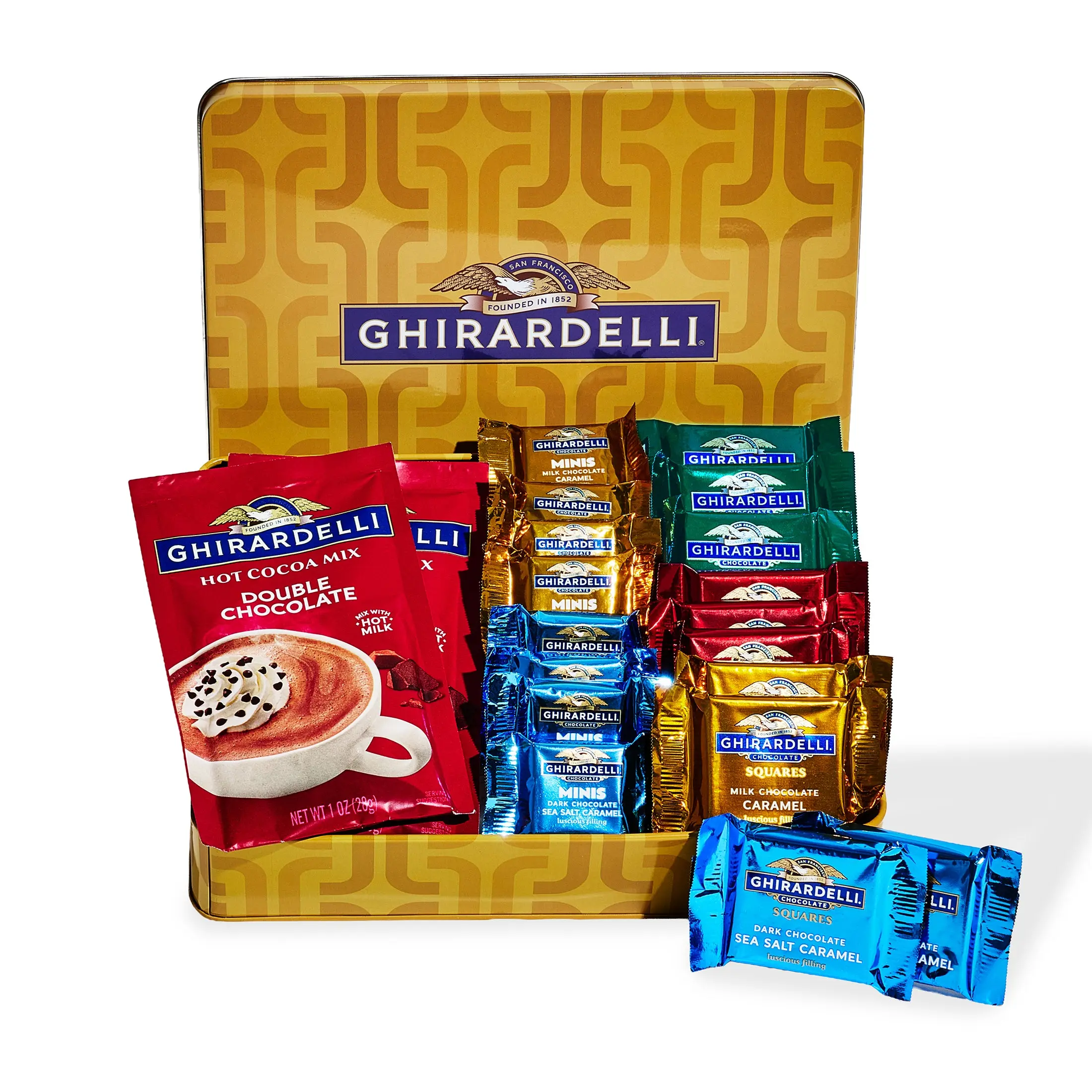 Ghirardelli Chocolate Tin Gift Basket with Assorted Squares & Hot Cocoa Mix | Premium Chocolate Candy, Double Chocolate Hot Cocoa, Gourmet Gift, Chocolate Lovers, Thank You, Thinking of You & Gift Giving