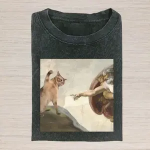 Retro Funny Vintage Graphic Tee, Cat Painting T-Shirt, Unisex Meme Cringe Funny Dumb Shirt, Menswear Womenswear Streetwear