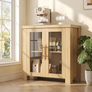 YJ-Garvee Buffet Cabinet with Storage, 31.5" Sideboard Credenza with Tempered Glass Doors, Anti-tipping Design, Wood Buffet Table for Living Room, Dining Room, Kitchen, Natural Wood