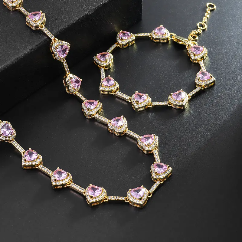 Iced Chics Elegant Necklace and Bracelet Set, Unisex Fashion Matching Heart Jewelry Set, Copper Jewelry Set, Sparkling Accessories, Men's Jewelry, Perfect Gift for Special Occasions