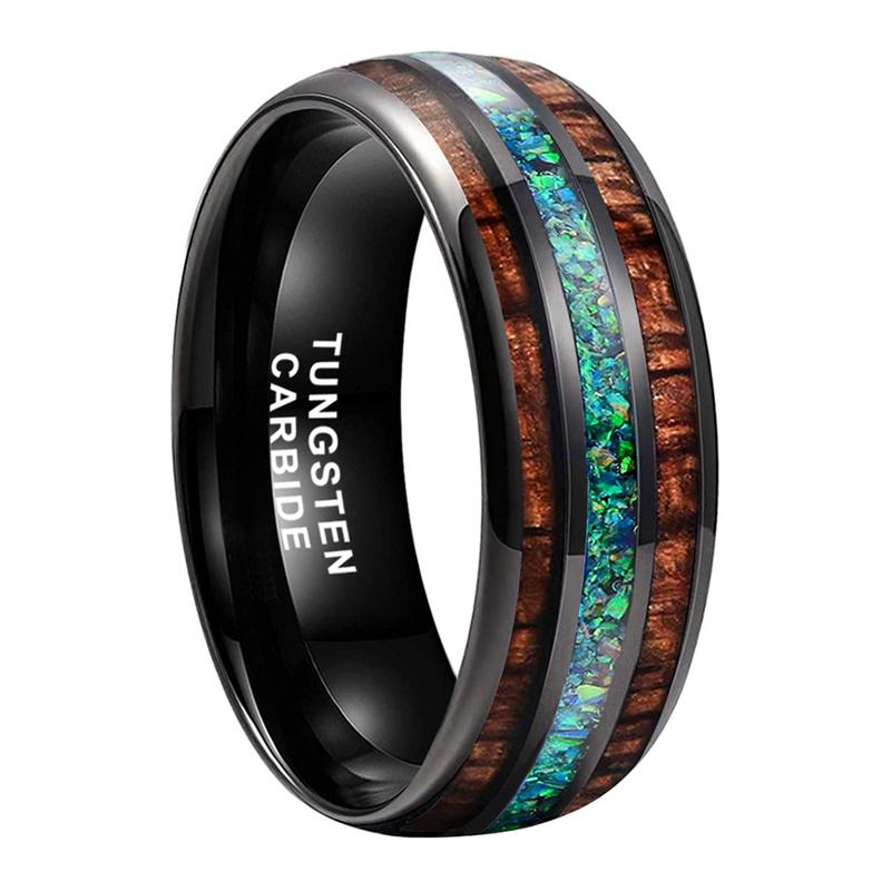 Men's 8mm Natural Wood Green Opal Inlay Tungsten Wedding Band Comfort Fit Scratch Resistant - Yonifu Durable Glow Promise Ring Gift for Him