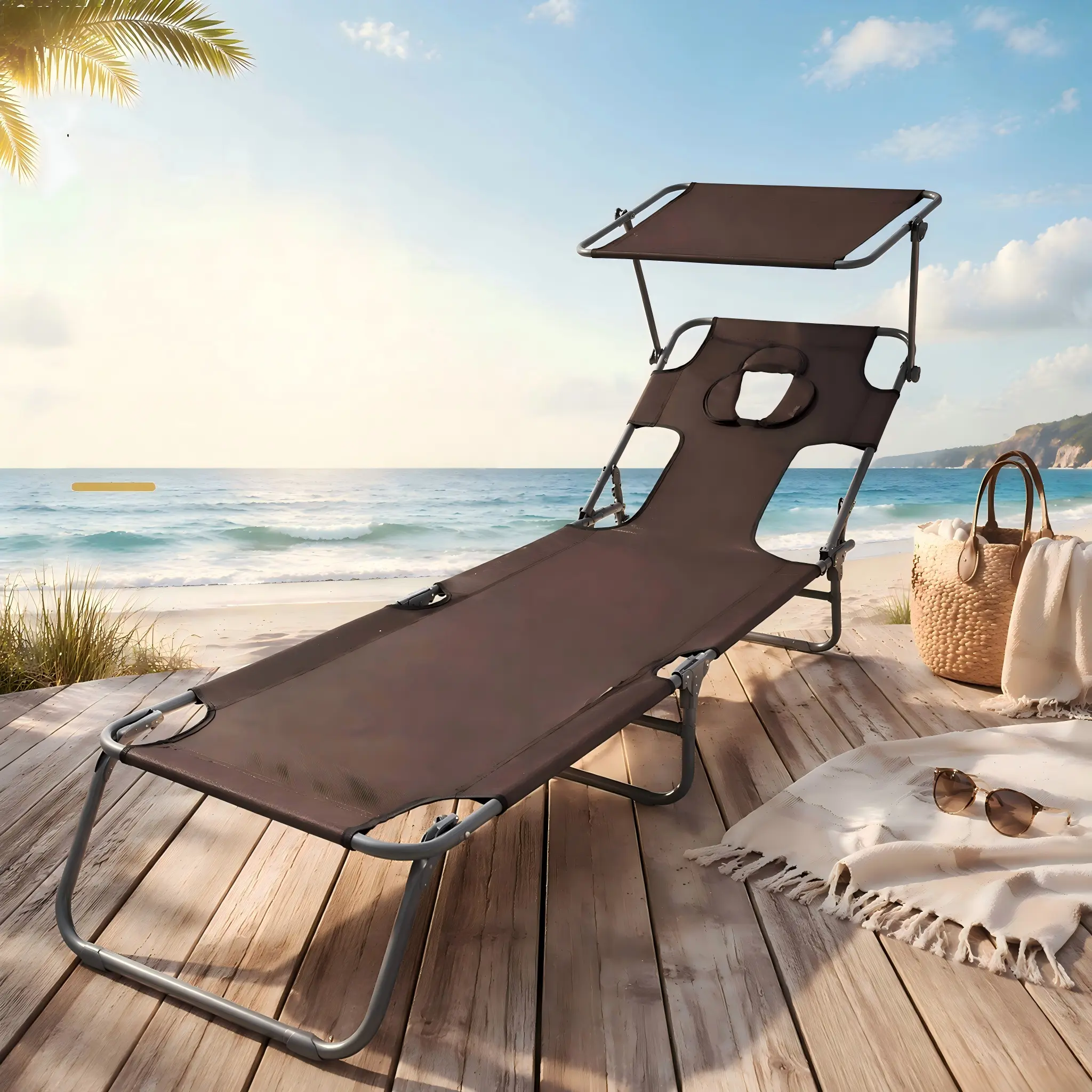180° Flat Reclining Outdoor Sun Lounger- Foldable with Face Hole, Sunshade, Sun Protection - Ideal for Beach, Poolside, Garden Party