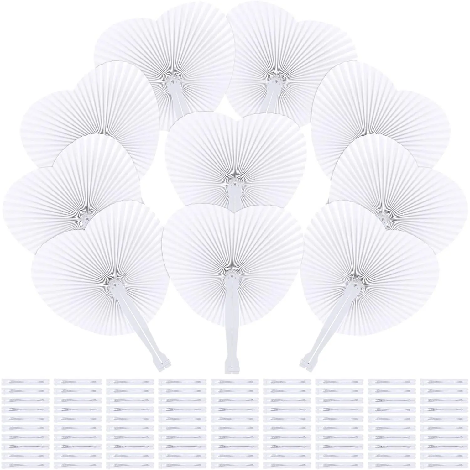 100 Pack Heart Shaped Folding Fans White Paper Fans Handheld Fans with Plastic Handles for Party, Wedding, Anniversary Decoration