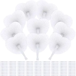 100 Pack Heart Shaped Folding Fans White Paper Fans Handheld Fans with Plastic Handles for Party, Wedding, Anniversary Decoration