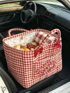 Red White Gingham Quilted Tote Bag with Bow & Ruffle Heart, Large Capacity Casual Cotton Handbag for Picnic, Travel & Daily Use