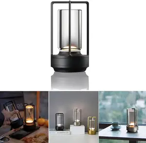 Cordless Table lamp Cylinder Crystal Lamp with Metal Cage 3 Color Dimmable Rechargeable Desk Light Waterproof LED Decorative Light for Bedside Living Room Hallway
