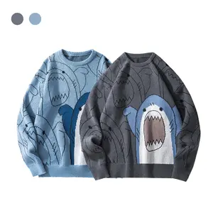 #Springfresh Autumn Winter Fashion New Top Retro Simple Elegant Classic Basic Casual Versatile Creative Cute Little Shark Pattern Jacquard Design Unisex Long Sleeve Crew Neck Pullover Polyester Sweater Crewneck Grey SpringStatements