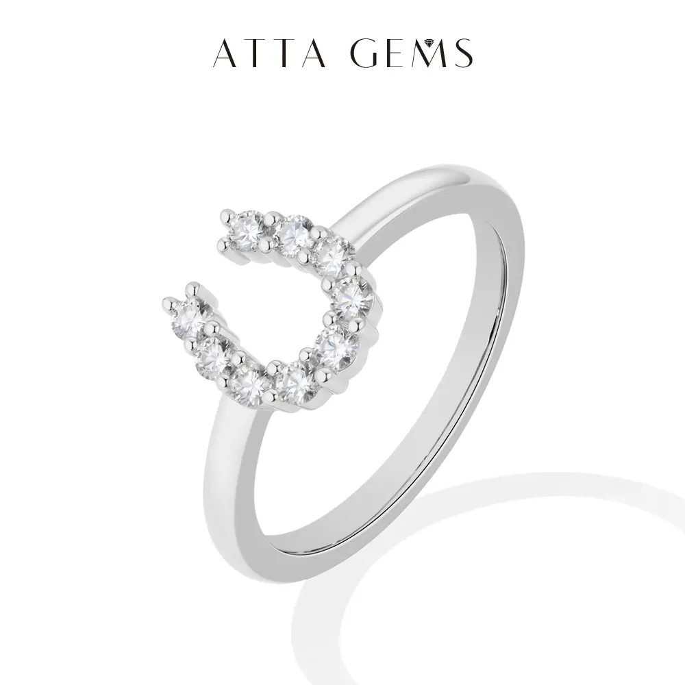 ATTAGEMS Women's S925 Sterling Silver U-Shape Ring, 2.0mm Round Cut Synthetic Moissanite, Elegant Daily Wear Jewelry R445