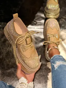 Spring New British Style Block Carving Rhinestone Hemp Rope Thick Sole Platform Shoes, Versatile Lace-Up Casual Single Shoe for Women
