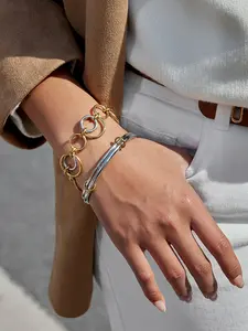 Ladies' Vintage Stainless Steel Adjustable Bracelet, Multi Ring Color Blocked Bracelet, Waterproof And Fade Resistant Alloy Double-layer Chain, Suitable For Daily Wear, Stackable Bracelets, Trendy Stack Bangle