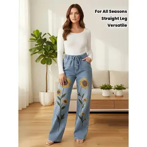 Ladies' fashionable straight leg jeans, high waisted lace up denim casual pants, suitable for all seasons Sunflower Pattern On Denim Pants Straight tube versatile casual wide leg pants, jeans cut, Christmas and birthday gifts embroidered
