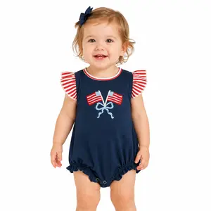 Baby Girls' Patriotic 4th of July Navy Romper, Flutter Sleeves, Flag Bow Embroidery, Bubble Bodysuit
