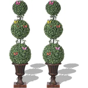 4 FT Artificial Triple Ball Topiary Trees with Trophies Flower Pots  Artificial Plants Outdoor with Vines   Insects Decoration  Topiary Balls Trees for Home Offices Porch Decor Set of 2 Decorative Fruit Gift Ornaments