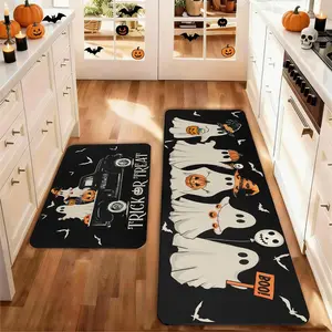 Set of 2 Halloween Kitchen Mats , Bat Broom Ghost Design, Non-Slip Low Height, Party Floor Mat Home Kitchen Decoration