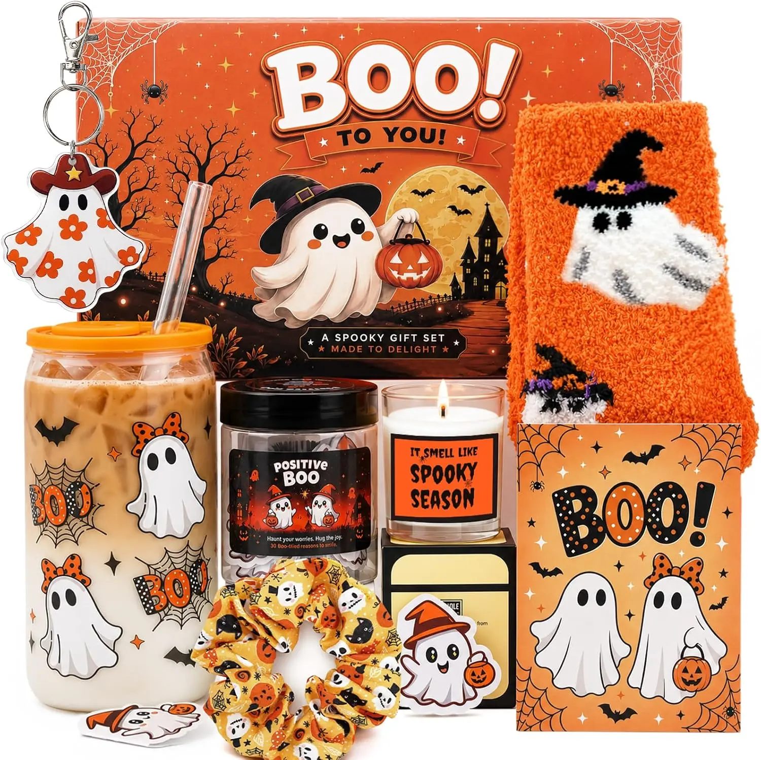 12PCS Halloween Boo Basket Stuffers for Women, Spooky Gift Set for Girlfriend Wife Sister Best Friend, Cute Ghost Halloween Gifts, Orange Themed Boo Basket Fillers, Fun Halloween Party Gifts for Adult Girls