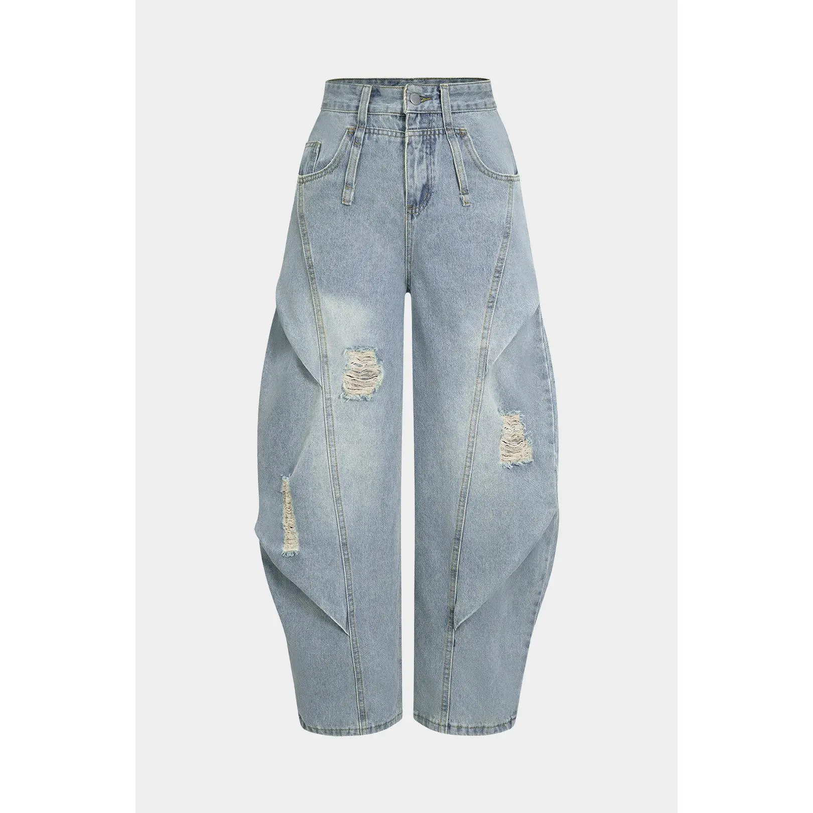 Denim Ripped Ruched Barrel Jeans