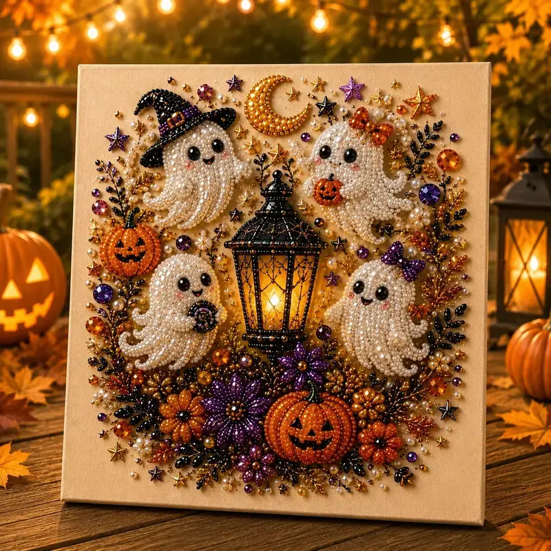 Diamond Painting Kit - 3D Pearl Bead Art Canvas Kit, Halloween Ghost Pumpkin DIY Craft for Home Wall Decor, Relaxing Handmade Activity Gift for Adults & Kids