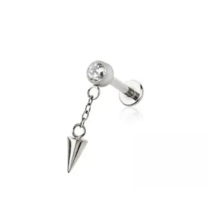 Threadless Push In CZ Crystal with Dangling Spike Flat Back Stud - ASTM F-136 Implant Grade Titanium