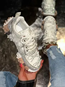New Rhinestone Bow Sports Shoes for Women, Sweet Style Thick Sole Versatile Casual Dad Sneakers, Trendy and Comfortable Footwear, Thick Soled Sneakers, Stylish Sneakers