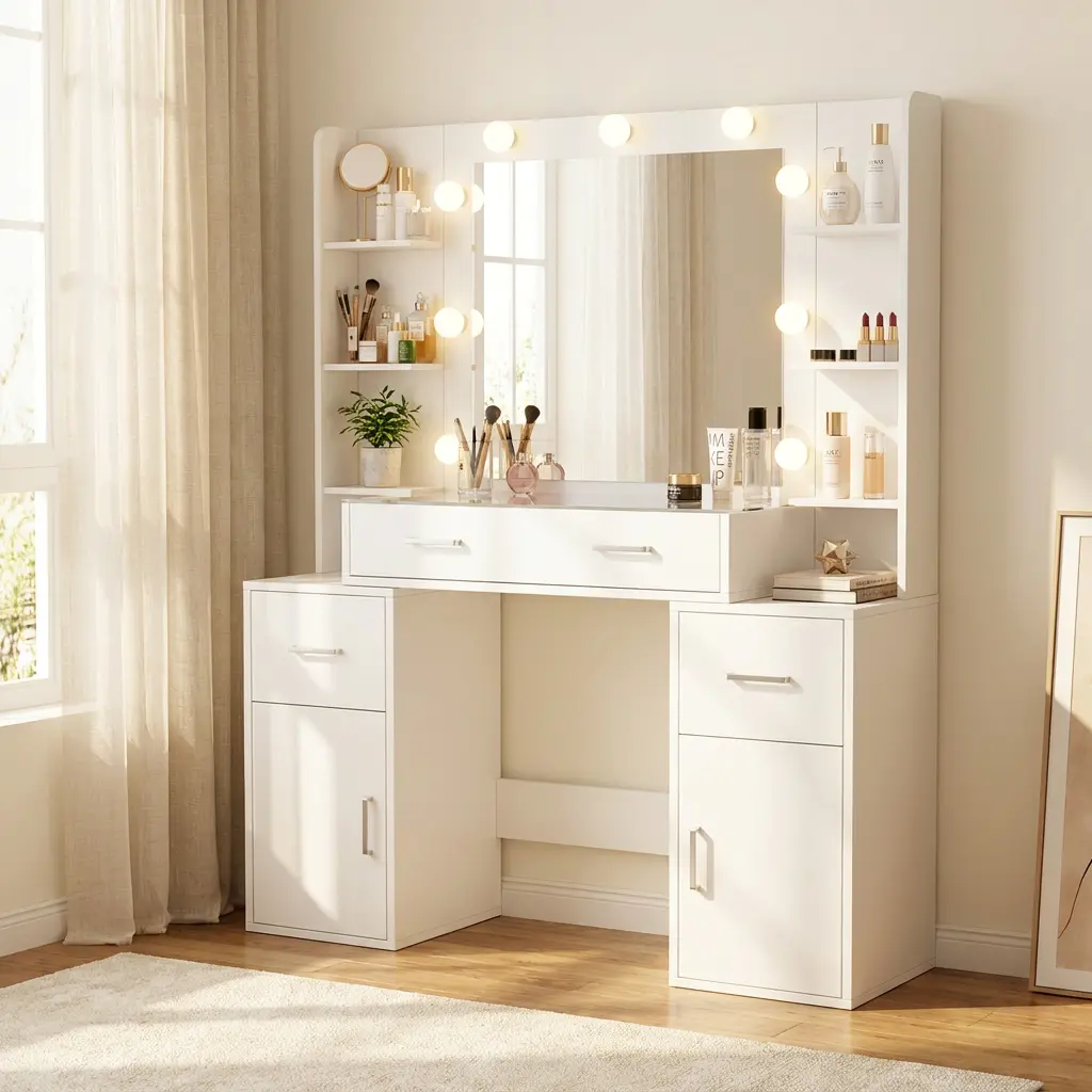 Makeup Vanity Desk with Lights, Glass Top Vanity with Charging Station, Vanity Mirror with 9 LED Lights Desk, Nightstand, Vanity Set with 3 Lighting Modes Brightness Adjustable,Whit