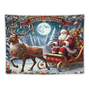 Joyful Christmas Tapestry with Santa Claus Reindeer Sleigh Gifts Moonlight Pine Trees and Lights Red Banner Merry Christmas