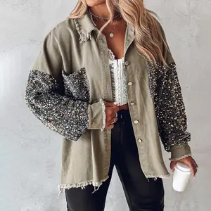 ChicMe Women's Plus Size Contrast Sequin Raw Hem Shacket