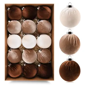 Brown Velvet Christmas Tree Ornaments - 15pcs Shatterproof Christmas Balls for Xmas Trees Decorations - Multicolor Brown Neutral Beige, 80mm 3.15inch