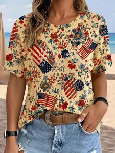 Women's Independence Day Flag Blue Floral Heart Print Round Neck Short Sleeve Fitted Knit Sweater, Casual Breathable Knitwear for Spring Summer Fall Winter Knit Pullover Tops