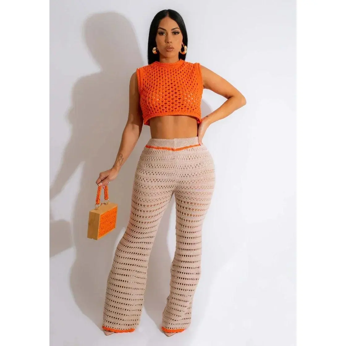Crochet Crop Top & Flare Pants Set