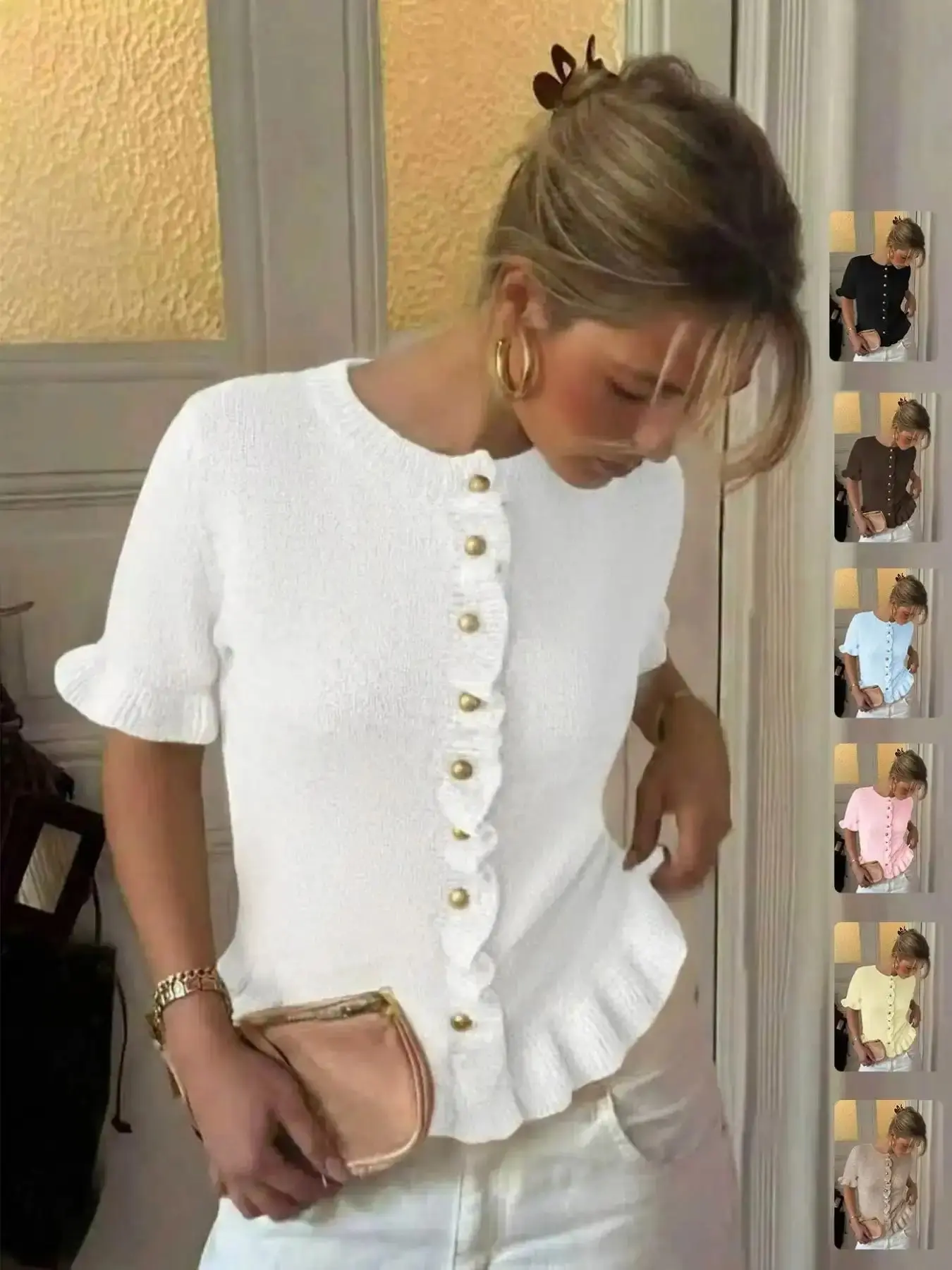 Women's Spring Summer Vintage Fashion Casual Round Neck Short Sleeve Knitted Cardigan Knitwear, Ruffle Design and Metal Buttons, Elegant Soft Sweater Knitting loose fit warm weather street style slim fit