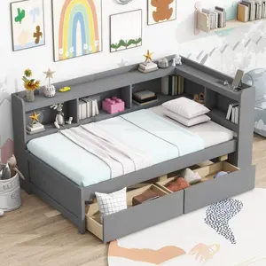 Twin Size Daybed Frame with Bookcase Headboard and Storage, L-shaped Bookcases Bed with Power Outlets, USB Charging Ports,Two Drawers, No Box Spring Needed