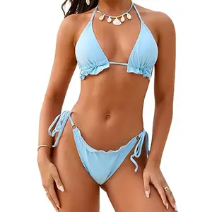 Bikini Sets Teen & Women Triangle Halter Thong Bikini Set Ruffle Sexy String Two Piece Swimsuit Bathing Swimwear revealing clothing