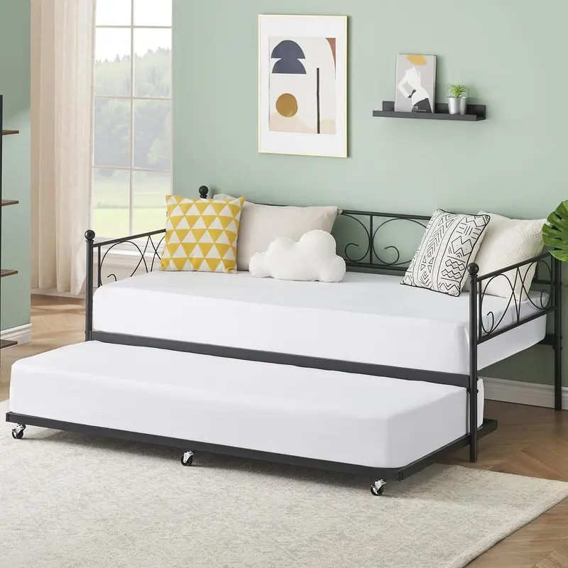 【Christmas Gift】Black Twin Convertible Sleeper Daybed with Trundle - Modern Metal Sturdy Platform Bed with Classic Headboard, Steel Slat Support, No Box Spring Needed for Bedroom, Guest Room, Convertible Sleeper Bed