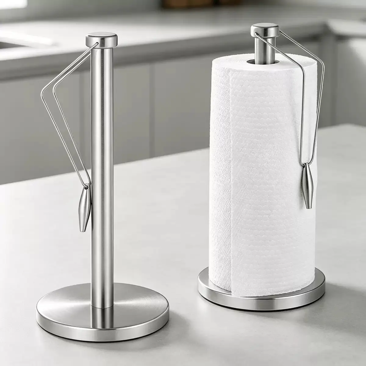 Countertop paper towel holder, standing paper roll holder with non-slip weighted base, stainless steel freestanding paper towel holder for kitchen