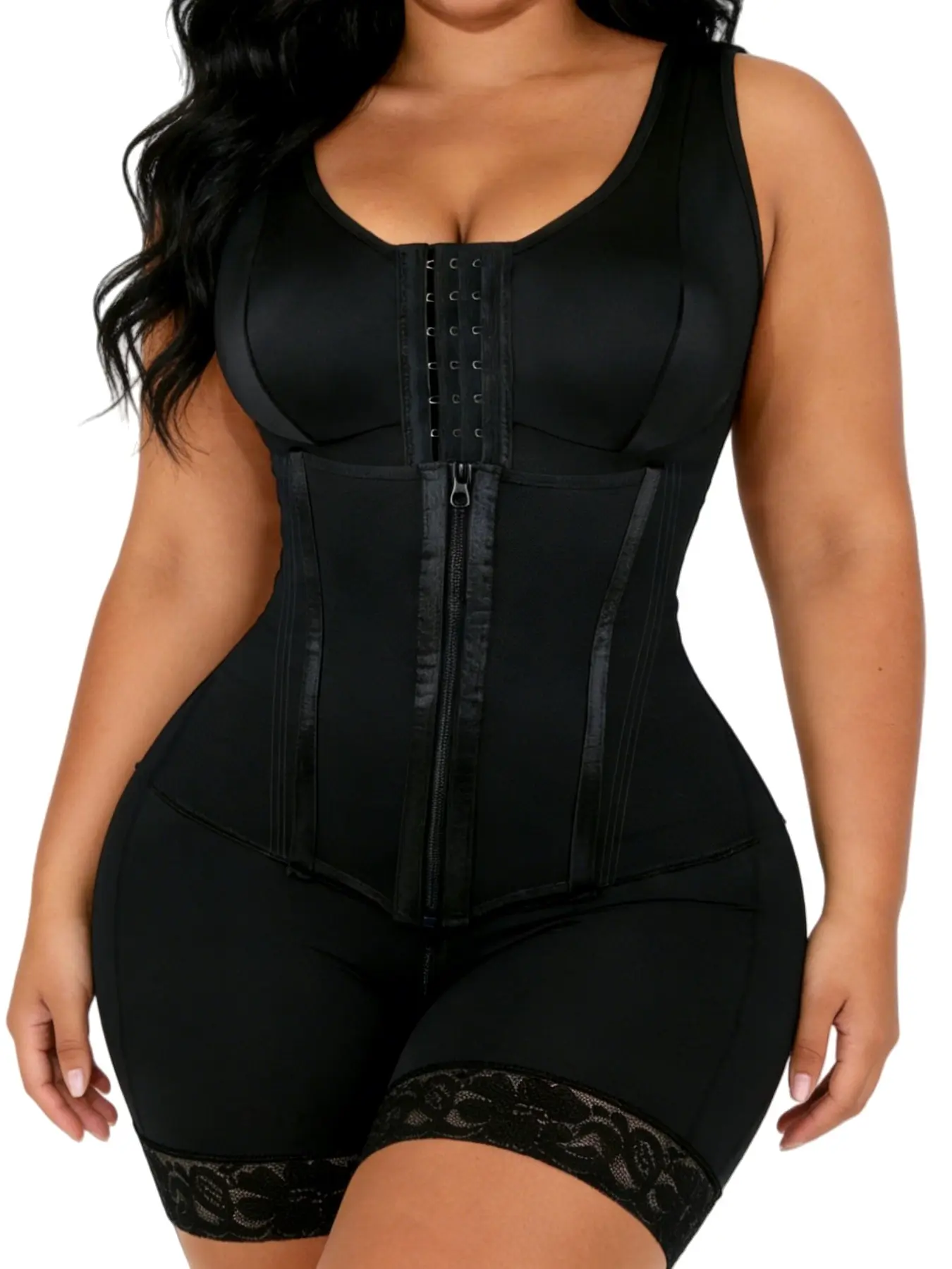 Women's Double Layer Adjustable Zipper And Hooks Closure Design Shapewear Bodysuit, Body Shaping Underwear, Fajas, Butt Lifting And Tummy Control, Colombian Shapewear, Compression Lace Body Shaper, Suitable For Sports, Yoga