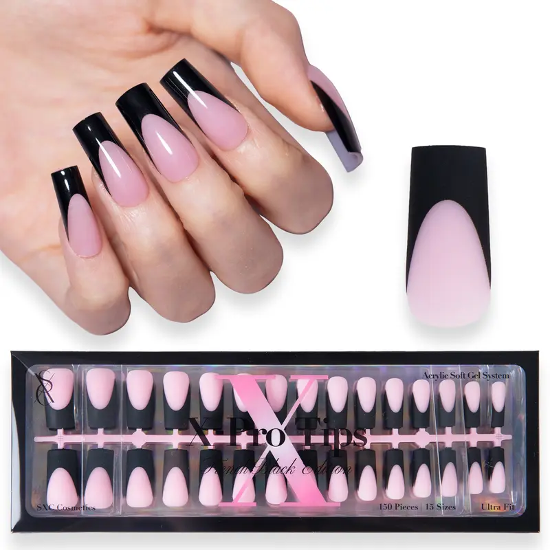 SXC Cosmetics X-Pro Tips - Nail Tips Only - 5 Black Shades French Tip Press On Nails, 150/160pcs, Almond/Coffin/Square Shapes, XS-M Sizes DIY Salon-Quality Nails at Home