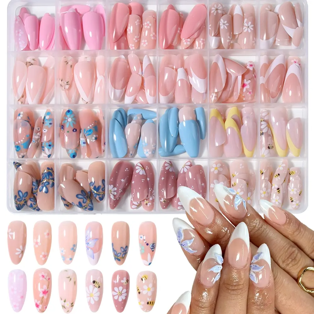 576pcs Medium Almond Press-On Nails, Nail Extension, Blue Nude Colors, Glossy Finish, Summer Floral Design, for Women and Girls, Nail Tips Art, Decorative Nails, Glossy False Nails
