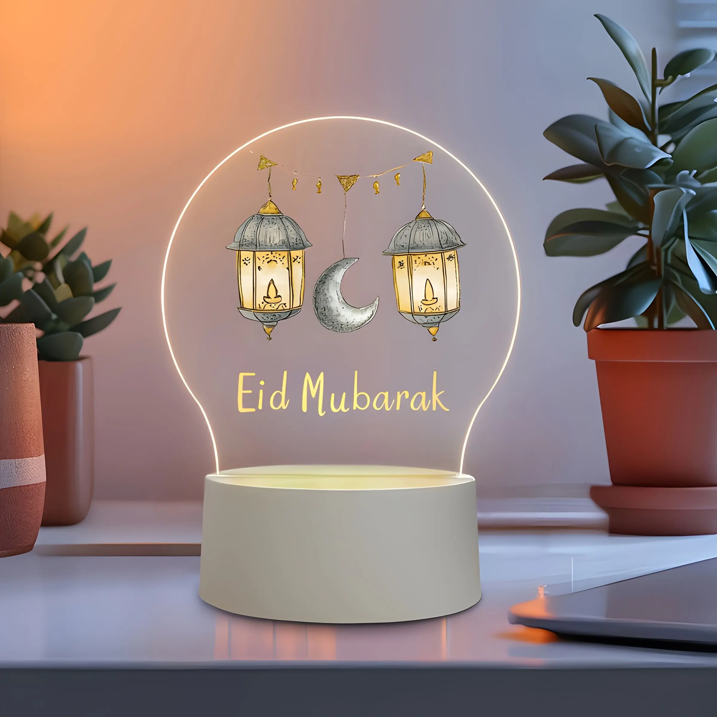 Acrylic Ramadan Decoration Lamp, LED Table Light with Base, Islamic Design, Muslim Ramadan Party Decor, Holiday Gift, Multi-Functional Home Office Hotel