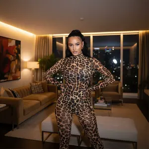 Women's 2025 Spring Summer Leopard Print Mesh Long Sleeve Stand Collar Slim Sexy Long Jumpsuit Overalls - Stretchy Comfortable Bodycon Romper Perfect for Party Night Out Clubwear Fashion Casual Wear Elegant Ladies Clothing