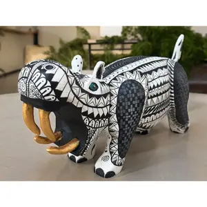 Hippo Statue Mexican Folk Art Alebrije Sculpture, Wooden As Mexican Decoration Figurine, Made Of Wood And Carved By Hand