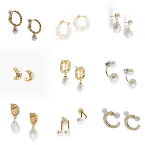 14k Gold Plated Real Freshwater Pearl Hoop Stud Elegant Earring