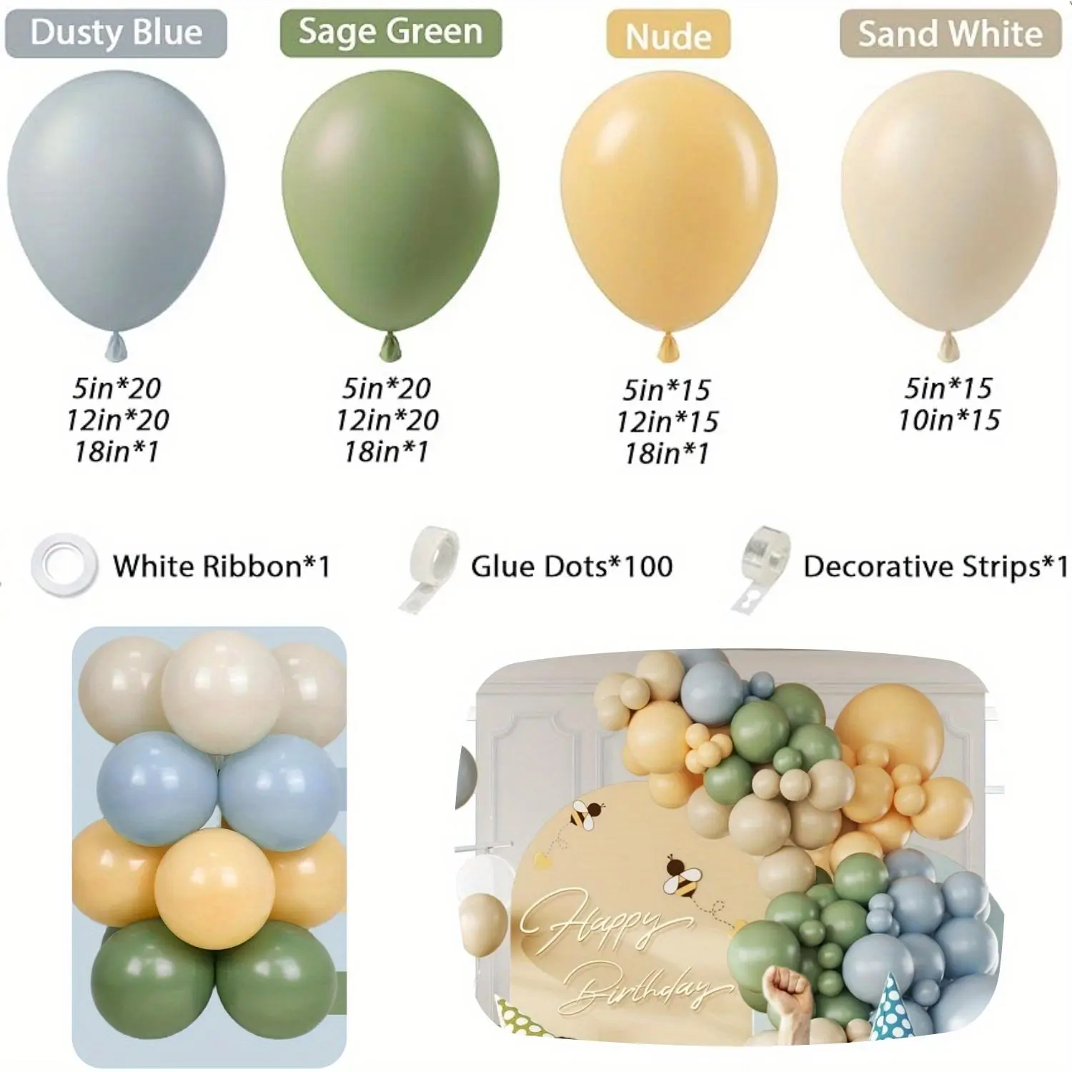 146pcs Round Latex Balloons Decoration Set - Multi-Size Pastel Blue, Sage Green, Nude, Sand, White Kit for Bear Themed Birthday, Wedding Party Decor
