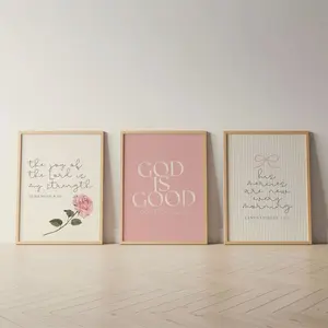 Pink Christian Wall Art Set of 3, God Is Good Print, Scripture Nursery Decor, Coquette Bible Verse Wall Art, Faith Print Set, Girls Room