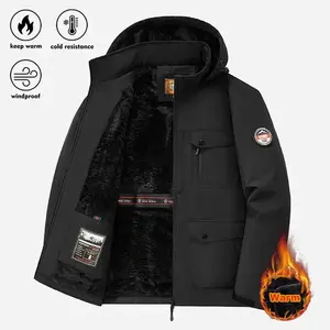 Men’s black wool-lined hooded work jacket with multiple pockets for insulation and warmth, suitable for outdoor activities in winter, cold and windproof