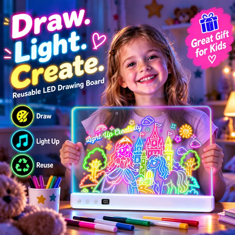 YAUUEA LED Drawing Board for Kids (Above 3 Yrs) - USB-C Rechargeable, Built-in Li-ion, Colorful Light Effects & Music, 7 Markers, Templates, Adjustable Stand, Reusable Erasable Cool Gifts for Boys & Kid Girl Toys