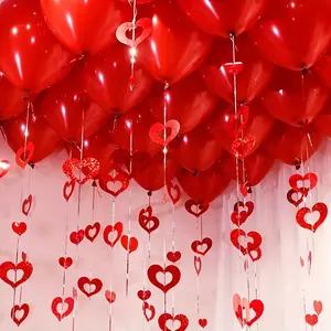 200pcs Romantic Heart Decor Set, Plastic Heart Pendants with Rope, Wedding Valentine's Day Birthday Party Room Decoration Ornaments, Home Party Decorations, Red, Glitter